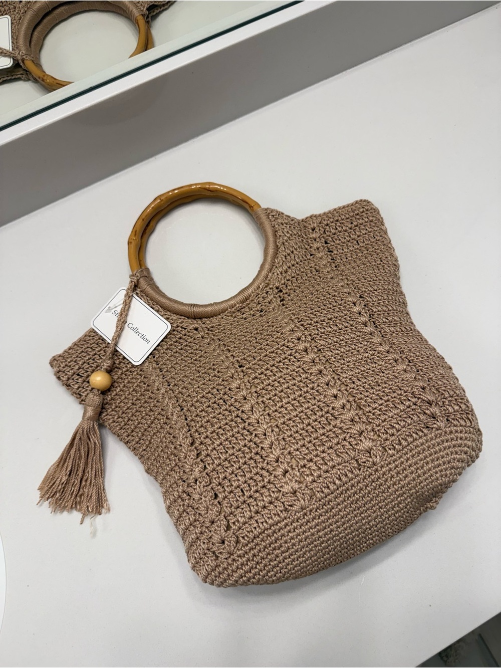 Studio Collection Crochet Tote in Beige with Bamboo Handles NWT